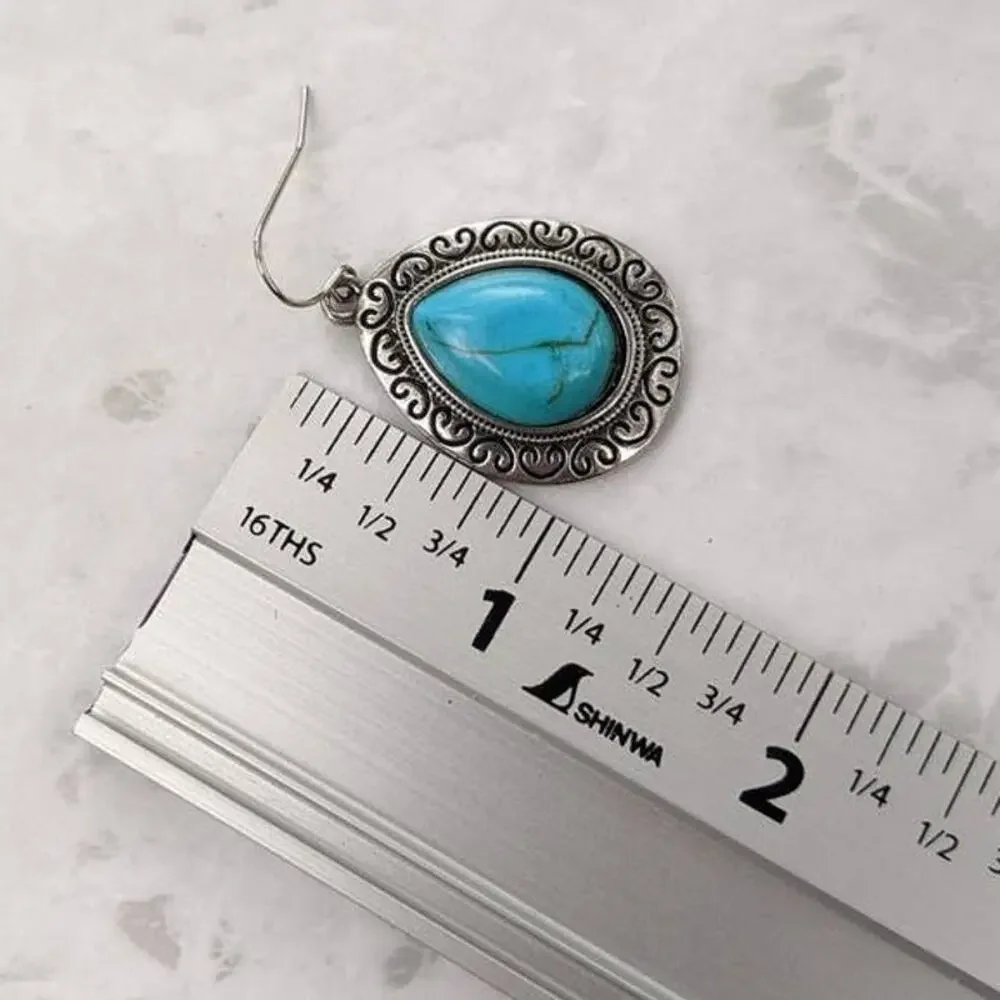 Silver tone and faux turquoise fish hook earrings